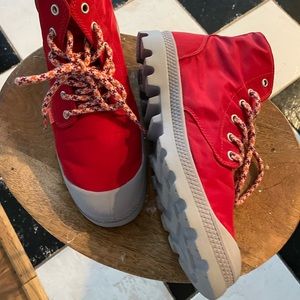 Red Nylon Palladium lug sole high tops.
